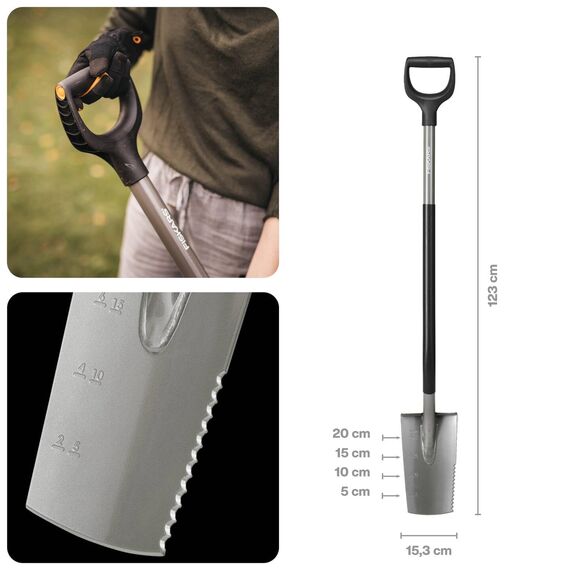 Fiskars Ergonomic Wurzelspaten, Spaten mit Sägezahnung zum Durchtrennen von Wurzeln, D-Griff, Borstahl/Kunststoff, 1066714