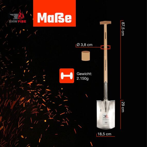 SHW FIRE | Spaten für Harte, steinige Böden - 95cm Eschenstiel mit T-Griff, Geschärftes Spatenblatt mit Trittkante - Robuster Gartenspaten für BAU und Hof - Spaten mit Stiel | Made in Germany