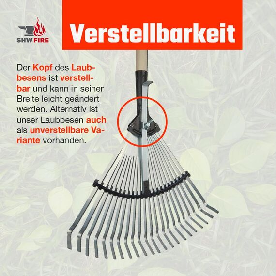 SHW-FIRE | Laubbesen verzinkt, 47 cm breit, 135 cm Eschenholzstiel - robuster Fächerbesen & Laubrechen für Laub, Grasschnitt & Gartenabfälle - Rechen mit Stiel verstellbare Breite | Made in Germany