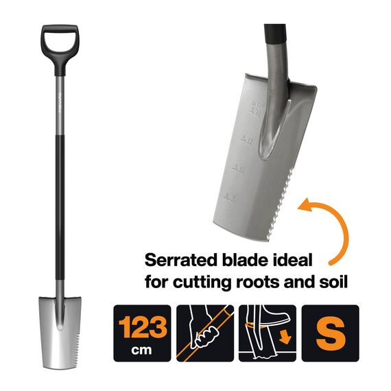 Fiskars Ergonomic Wurzelspaten, Spaten mit Sägezahnung zum Durchtrennen von Wurzeln, D-Griff, Borstahl/Kunststoff, 1066714