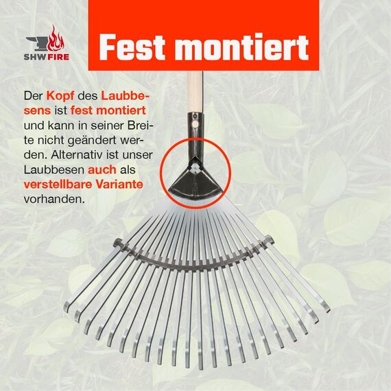 SHW-FIRE | Laubbesen verzinkt, 47 cm breit, 138,5 cm Eschenholzstiel - robuster Fächerbesen & Laubrechen für Laub, Grasschnitt & Gartenabfälle - Rechen mit Stiel Feste Breite | Made in Germany