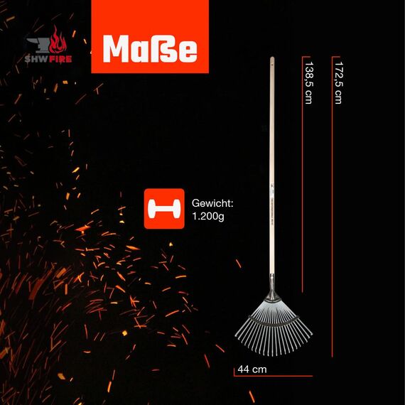 SHW-FIRE | Laubbesen verzinkt, 47 cm breit, 138,5 cm Eschenholzstiel - robuster Fächerbesen & Laubrechen für Laub, Grasschnitt & Gartenabfälle - Rechen mit Stiel Feste Breite | Made in Germany