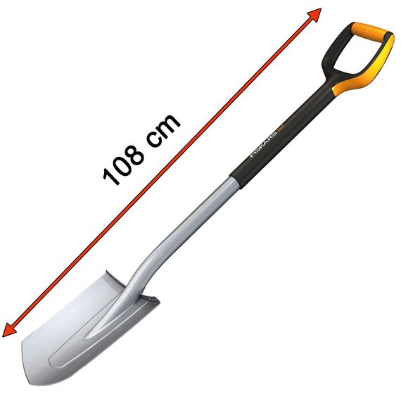 Fiskars Gärtnerspaten für harte, steinige Böden, Spitz, Länge: 108 cm, Qualitätsstahl-Blatt/Glasfaserverstärkter Kunststoff-Stiel, Schwarz/Orange, Xact, M, 1003684