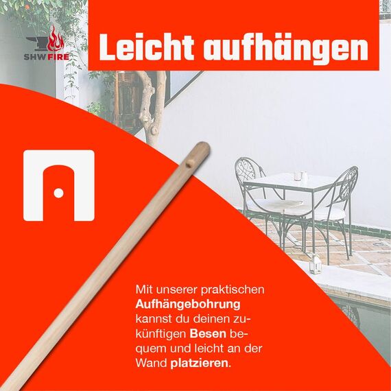 SHW-FIRE | Laubbesen verzinkt, 47 cm breit, 138,5 cm Eschenholzstiel - robuster Fächerbesen & Laubrechen für Laub, Grasschnitt & Gartenabfälle - Rechen mit Stiel Feste Breite | Made in Germany