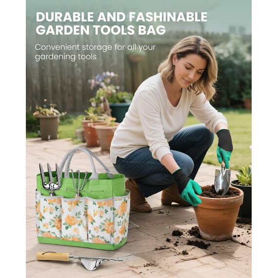 YAUNGEL Gartenwerkzeug Set, 10 Stück Schwerlast Edelstahl Gartenarbeit Kit, Gartengeräte Set mit Non-Slip Holzgriff- Garten Geschenke Verpackung für Frauen Männer