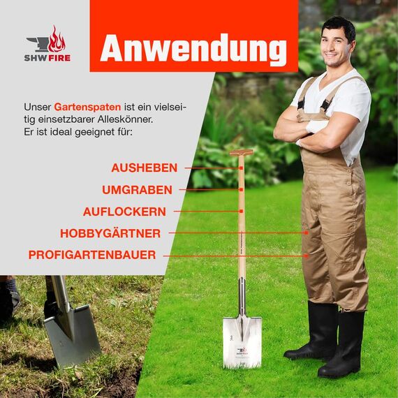SHW FIRE | Spaten für Harte, steinige Böden - 95cm Eschenstiel mit T-Griff, Geschärftes Spatenblatt mit Trittkante - Robuster Gartenspaten für BAU und Hof - Spaten mit Stiel | Made in Germany