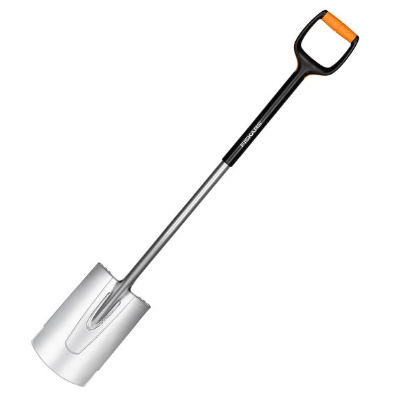 Fiskars Gärtnerspaten für weiche, steinarme Böden, Rund, Länge: 120 cm, Qualitätsstahl-Blatt/Glasfaserverstärkter Kunststoff-Stiel, Schwarz/Orange, Xact, L, 1003681