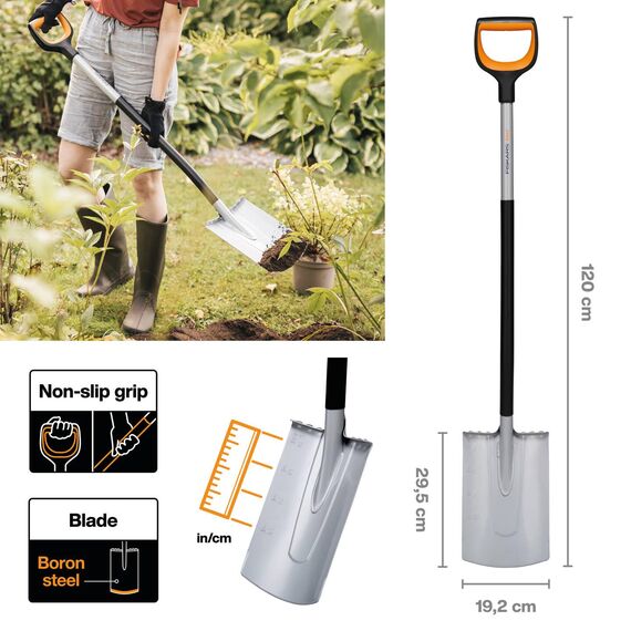 Fiskars Gärtnerspaten für weiche, steinarme Böden, Rund, Länge: 120 cm, Verstärktes Borstahl-Blatt, Schwarz/Orange, Xact, 1066730