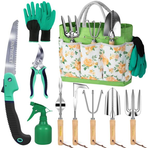 YAUNGEL Gartenwerkzeug Set, 10 Stück Schwerlast Edelstahl Gartenarbeit Kit, Gartengeräte Set mit Non-Slip Holzgriff- Garten Geschenke Verpackung für Frauen Männer