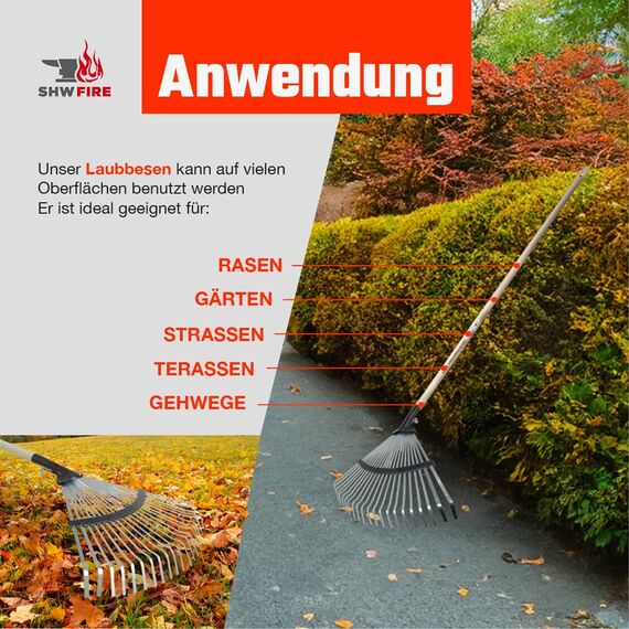 SHW-FIRE | Laubbesen verzinkt, 47 cm breit, 135 cm Eschenholzstiel - robuster Fächerbesen & Laubrechen für Laub, Grasschnitt & Gartenabfälle - Rechen mit Stiel verstellbare Breite | Made in Germany
