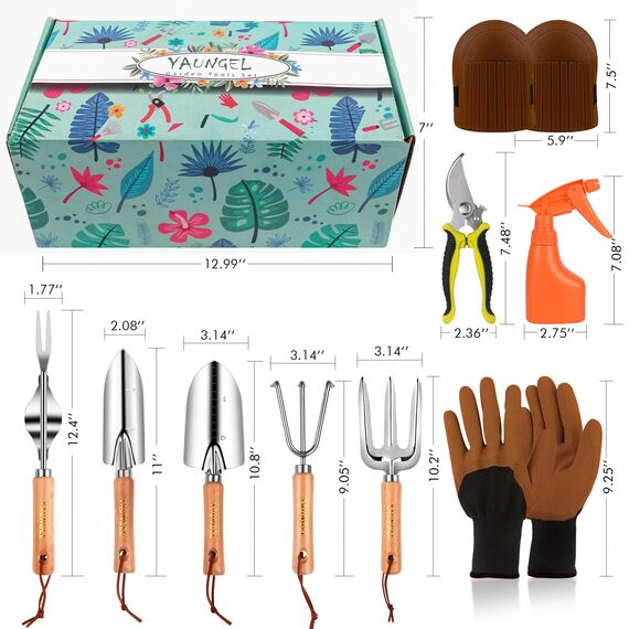 YAUNGEL Gartenwerkzeug Set, 10 Stück Schwerlast Edelstahl Gartenarbeit Kit mit Non-Slip Holzgriff- Garten Geschenke Verpackung für Frauen Männer, Rosa