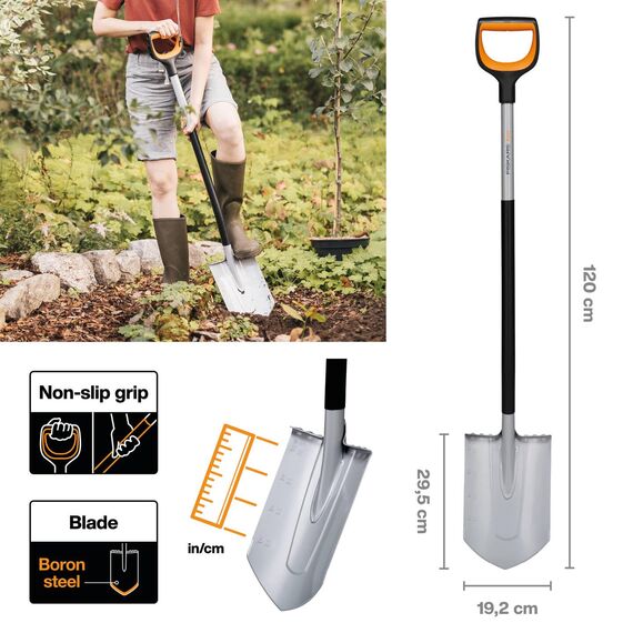 Fiskars Gärtnerspaten für harte, steinige Böden, Spitz, Länge: 120 cm, Verstärktes Borstahl-Blatt, Schwarz/Orange, Xact, 1066729