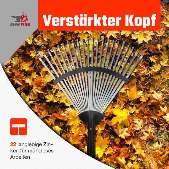 SHW-FIRE | Laubbesen verzinkt, 47 cm breit, 135 cm Eschenholzstiel - robuster Fächerbesen & Laubrechen für Laub, Grasschnitt & Gartenabfälle - Rechen mit Stiel verstellbare Breite | Made in Germany