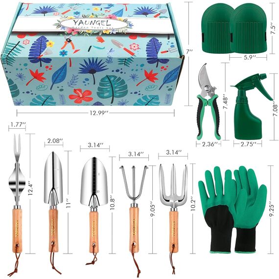 YAUNGEL Gartenwerkzeug Set, 10 Stück Schwerlast Edelstahl Gartenarbeit Kit mit Non-Slip Holzgriff- Garten Geschenke Verpackung für Frauen Männer, Grün