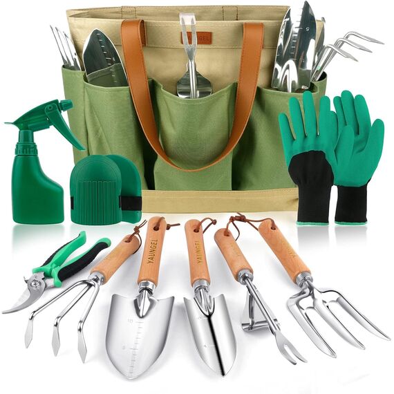 YAUNGEL Gartenwerkzeug Set, 10 Stück Schwerlast Edelstahl Gartenarbeit Kit mit Non-Slip Holzgriff- Garten Geschenke Verpackung für Frauen Männer, Grün