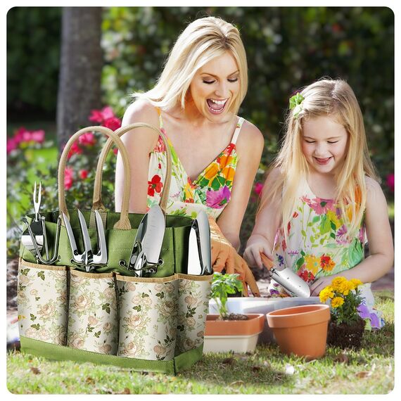 Grenebo Gartenwerkzeug Set,9 Stück Garten Werkzeug mit Gartengeräte Organizer Handtasche, Rostfreies und ergonomisches Gartengeräte Set, Ideale Gartengeschenke für Frauen für Gartenliebhaber geeignet.