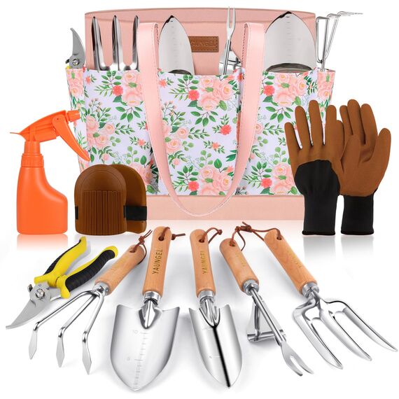 YAUNGEL Gartenwerkzeug Set, 10 Stück Schwerlast Edelstahl Gartenarbeit Kit mit Non-Slip Holzgriff- Garten Geschenke Verpackung für Frauen Männer, Rosa
