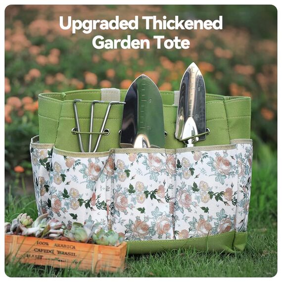 Grenebo Gartenwerkzeug Set,9 Stück Garten Werkzeug mit Gartengeräte Organizer Handtasche, Rostfreies und ergonomisches Gartengeräte Set, Ideale Gartengeschenke für Frauen für Gartenliebhaber geeignet.