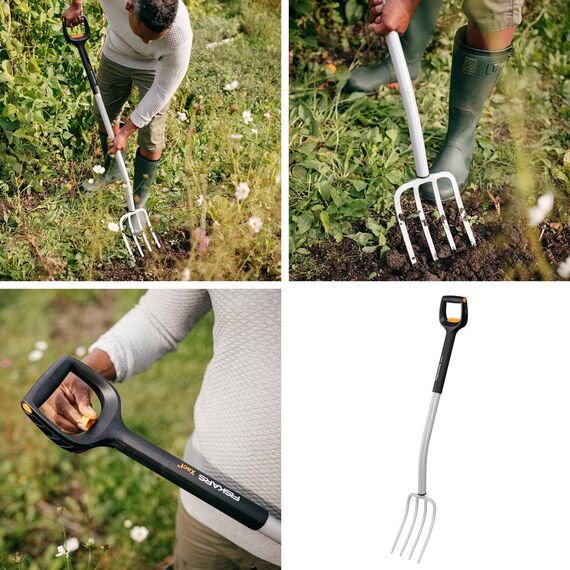 Fiskars Teleskop-Spatengabel für Harte, steinige Böden, Mit 4 Zinken, Länge 1,10 m bis 1,30 m, Hochwertiger Borstahl, Schwarz/Silber, SmartFit, 1070717