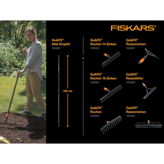 Fiskars Rechen mit 16 Zinken, Werkzeugkopf, Breite: 40 cm, Gehärtete Stahlzinken, Schwarz/Orange, QuikFit, 1000654