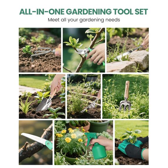 YAUNGEL Gartenwerkzeug Set, 10 Stück Schwerlast Edelstahl Gartenarbeit Kit, Gartengeräte Set mit Non-Slip Holzgriff- Garten Geschenke Verpackung für Frauen Männer