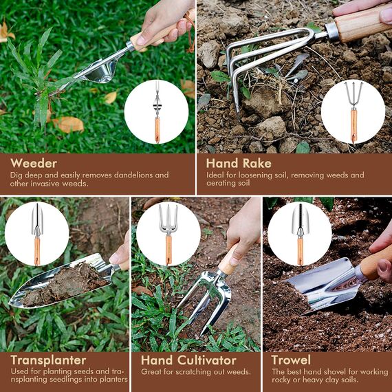 YAUNGEL Gartenwerkzeug Set, 10 Stück Schwerlast Edelstahl Gartenarbeit Kit mit Non-Slip Holzgriff- Garten Geschenke Verpackung für Frauen Männer, Rosa