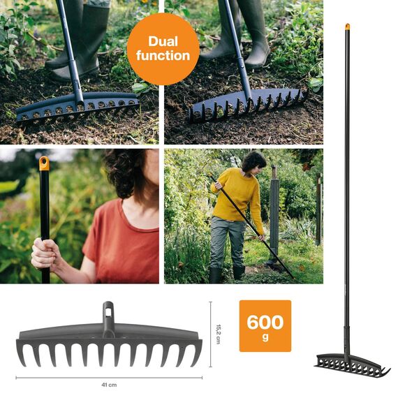 Fiskars Universal-Gartenrechen mit 12 gebogenen Zinken, Breite: 41 cm, glasfaserverstärkter Kunststoff/Aluminium, Schwarz/Orange, Solid, 1003466