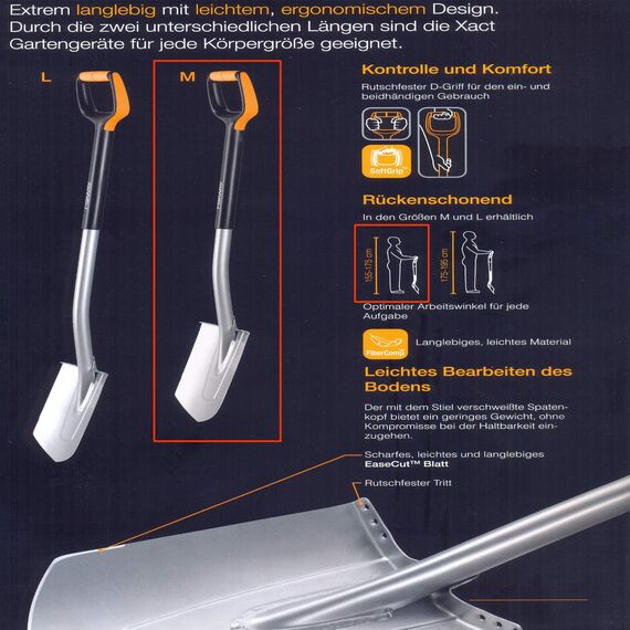 Fiskars Gärtnerspaten für harte, steinige Böden, Spitz, Länge: 108 cm, Qualitätsstahl-Blatt/Glasfaserverstärkter Kunststoff-Stiel, Schwarz/Orange, Xact, M, 1003684