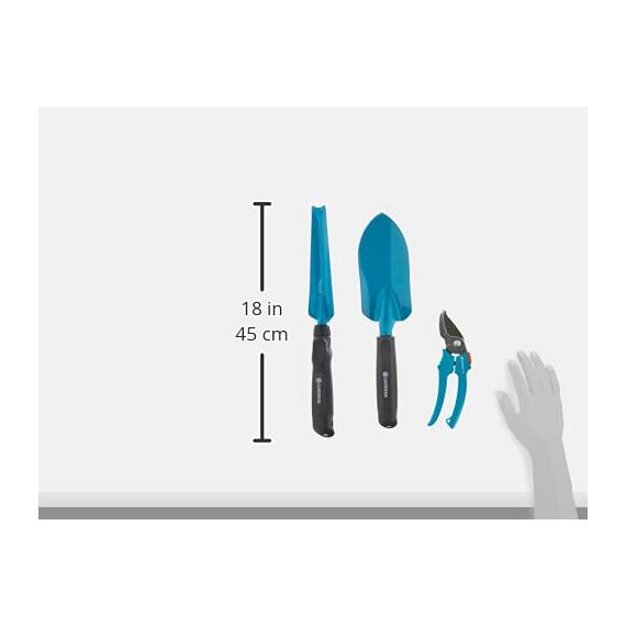 Gardena Grundausstattung Kleingeräte Aktion: 4-teiliges Gartenset für die Gartenpflege, universelle Gartenschere, stabile Blumenkelle, Unkrautstecher, atmungsaktive Gartenhandschuhe 8/M (8965-30)