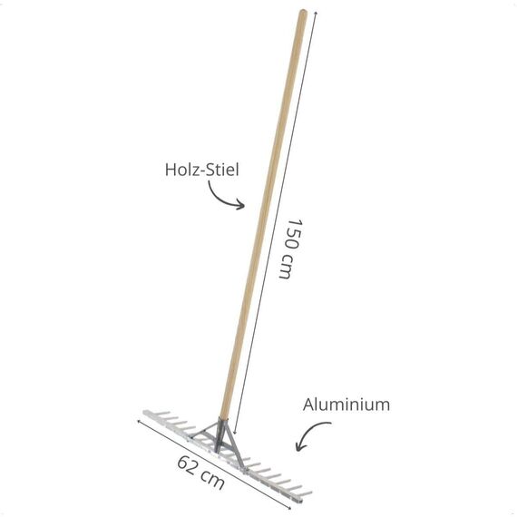 Rekord Aluminium Rechen leicht mit 16 Zinken Breite 62 cm - mit Stiel 150 cm, Rasenrechen, Gartenrechen, Laubrechen, Harke