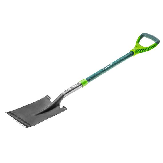 VERTO Gärtnerspaten Gerade Spaten mit wurzelsäge 125 cm Länge | Schaufel für Harte, steinige Böden | Fiberglasstiel, gehärteter Kopf, Rutschfester Griff, Profi T-Rex