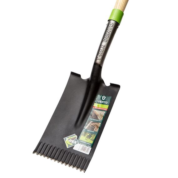 VERTO Spaten gerade, Holzgriff, gehärteter Kopf, Kunststoff-Doppelmaterialgriff, Gesamtlänge 1150 mm, gezackten Kante zum leichteren Schneiden durch steinigen Boden und Wurzeln