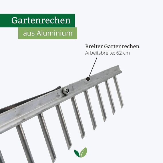 Rekord Aluminium Gartenrechen (62 cm Arbeitsbreite) – Leichter 16-Zinken-Rechen ohne Stiel | ideal für Laub, Rasenschnitt & Planierarbeiten | Stabiler Gartenrechen aus Aluminium