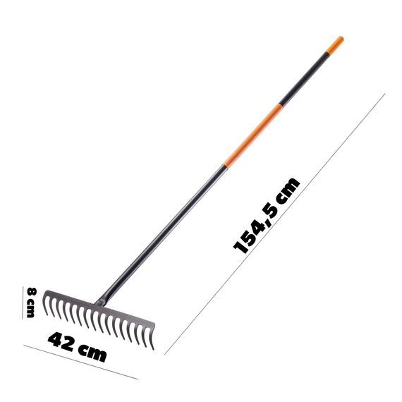 KADAX Rechen, Gartenharke aus Metall, breite Harke mit 154,5 cm langem Metallstiel, Gartengerät zum Jäten, düngen, Gartenrechen für Rasen und Blätter (Rechteckig 16 Zinken)