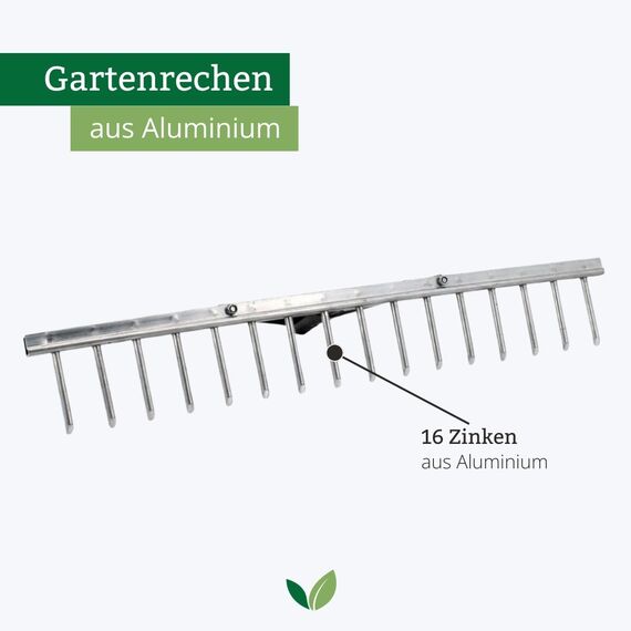 Rekord Aluminium Gartenrechen (62 cm Arbeitsbreite) – Leichter 16-Zinken-Rechen ohne Stiel | ideal für Laub, Rasenschnitt & Planierarbeiten | Stabiler Gartenrechen aus Aluminium