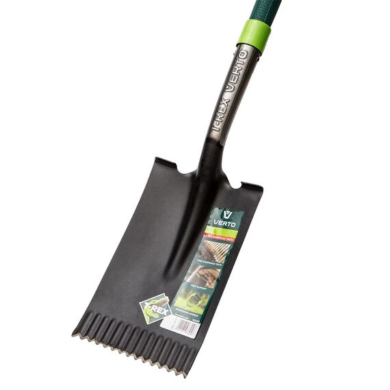 VERTO Gärtnerspaten Gerade Spaten mit wurzelsäge 125 cm Länge | Schaufel für Harte, steinige Böden | Fiberglasstiel, gehärteter Kopf, Rutschfester Griff, Profi T-Rex