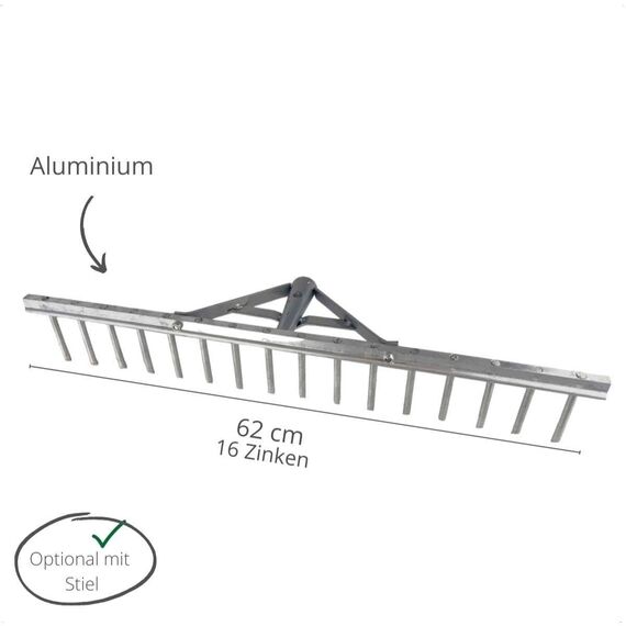 Rekord Aluminium Rechen leicht mit 16 Zinken Breite 62 cm - mit Stiel 150 cm, Rasenrechen, Gartenrechen, Laubrechen, Harke