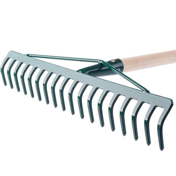 KADAX Rechen, breite Harke für Garten, Beet, Rasen, Gartenharke, Bügelrechen, Rasenrechen aus Metall, Laubrechen, Laubbesen, Gartengerät, Heurechen, Gartenwerkzeug (18 Zinken, Holzstiel)