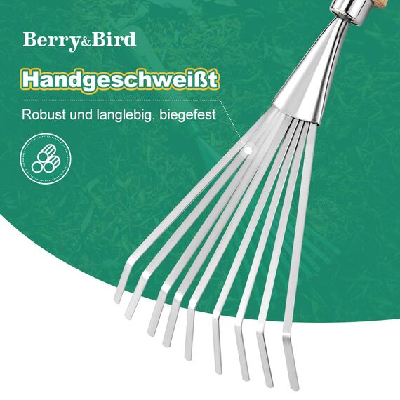 Berry&Bird Laubbesen mit kurzem Stiel, 37.3 cm Rechenbesen aus Edelstahl, Garten-Rechen mit Stiel aus Eschenholz, Kleinbesen für Rasen, Hand-Fächerbesen mit 9 Zinken für Garten Terrasse