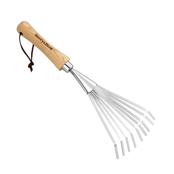 Berry&Bird Laubbesen mit kurzem Stiel, 37.3 cm Rechenbesen aus Edelstahl, Garten-Rechen mit Stiel aus Eschenholz, Kleinbesen für Rasen, Hand-Fächerbesen mit 9 Zinken für Garten Terrasse