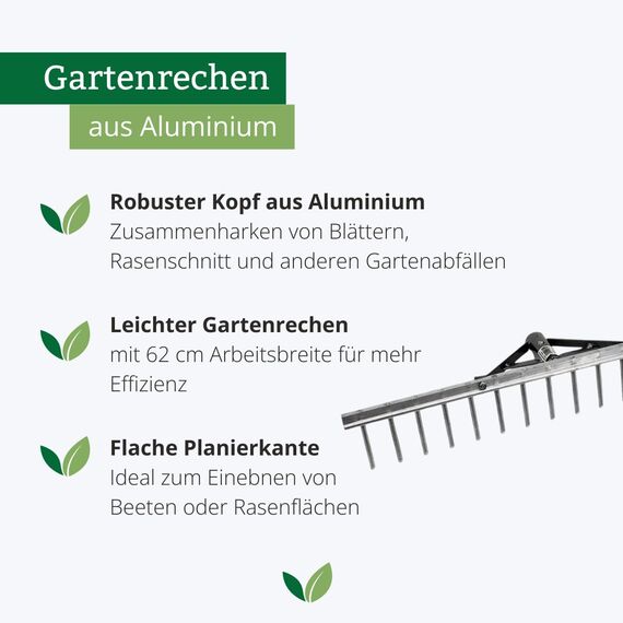 Rekord Aluminium Gartenrechen (62 cm Arbeitsbreite) – Leichter 16-Zinken-Rechen ohne Stiel | ideal für Laub, Rasenschnitt & Planierarbeiten | Stabiler Gartenrechen aus Aluminium
