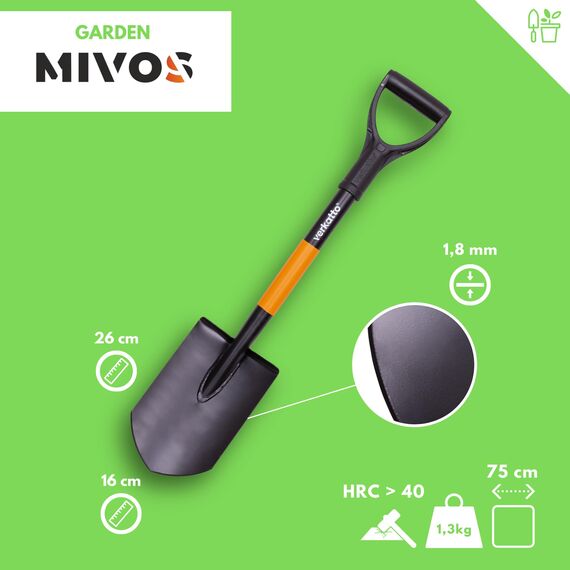 MIVOS Spitz-Spaten aus Gehärtetem Stahl - 75 cm - Mini Feldspaten mit Metall-Stiel und D-Griff - Schaufel - Gärtnerspaten - Kleine Spitzschaufel für Garten- und Bauarbeiten - Made in EU