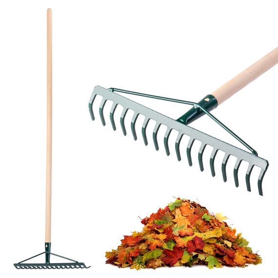 KADAX Rechen, breite Harke für Garten, Beet, Rasen, Gartenharke, Bügelrechen, Rasenrechen aus Metall, Laubrechen, Laubbesen, Gartengerät, Heurechen, Gartenwerkzeug (16 Zinken, Holzstiel)