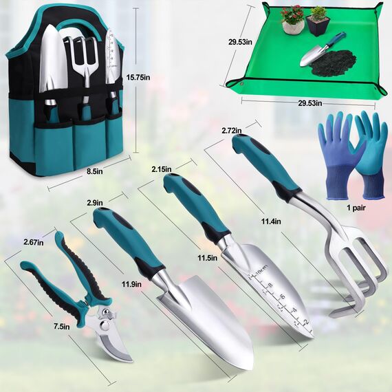 Kynup Gartenwerkzeug-Set, 7 Stück Garten Hand Werkzeuge, Rost-Sicht Gartenarbeit Set mit dauerhafter Aufbewahrungstasche, Ergonomischer Anti-Rutsch-Griff, ideale Gartengeschenke für Frauen und Männer