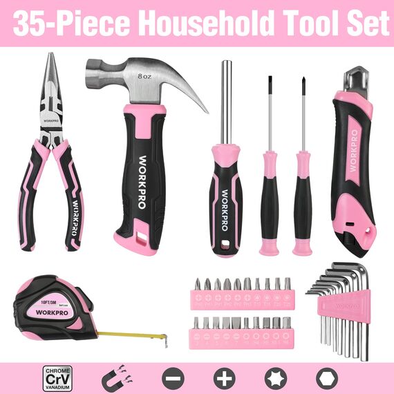 WORKPRO Werkzeugset 35tlg. Rosa Werkzeugsatz, Werkzeugkoffer bestückt, tägliche Werkzeuge, mit Schraubendreher, Zange, Maßband, Innensechskantschlüssel für Heimbedarf, Geschenk für DIY-Anfänger