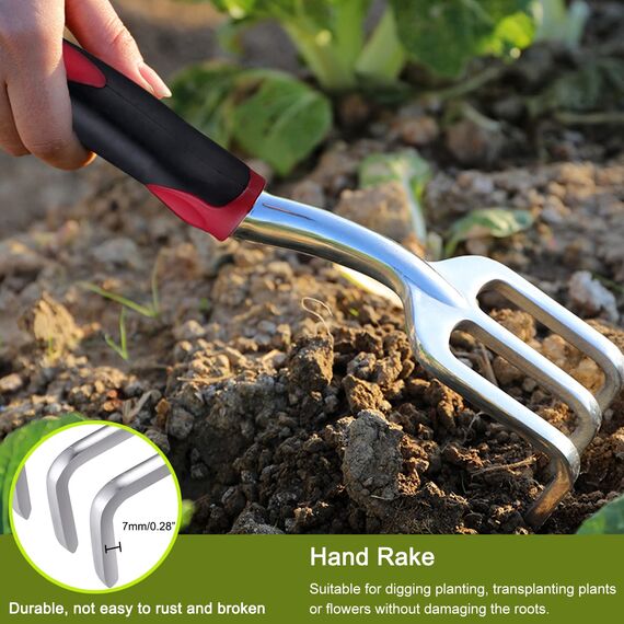 FANHAO 3-teiligem Gartenwerkzeug Set, Gartengeräte Set aus Edelstahl, Gartenset Werkzeug, Handkelle, Pflanzkelle, Harke (Rot)