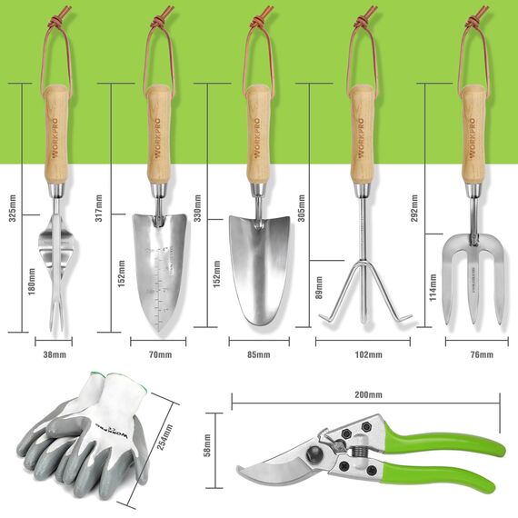 WORKPRO Gartenwerkzeug Set, 8 in 1 Gartengeräte mit Aufbewahrungstasche, aus Edelstahl, Gartenschaufel mit Holzgriff, Blumenschere, Gartenkralle, Handgrubber, Geschenk für Gärtnerinnen und Gärtner