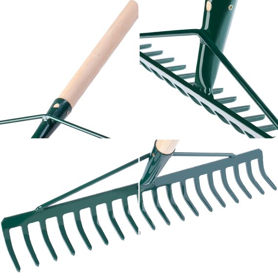 KADAX Rechen, breite Harke für Garten, Beet, Rasen, Gartenharke, Bügelrechen, Rasenrechen aus Metall, Laubrechen, Laubbesen, Gartengerät, Heurechen, Gartenwerkzeug (18 Zinken, Holzstiel)