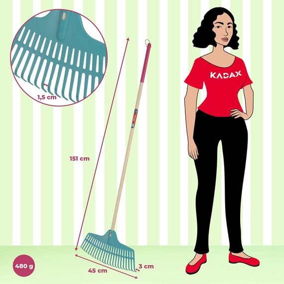 KADAX Rechen, Laubrechen aus Kunststoff für Damen, Harke mit langem Stiel aus Holz, Laubfächer für Garten, Bequeme Gartenharke, Laubbesen, Gartengerät, Gartenwerkzeug (45cm)