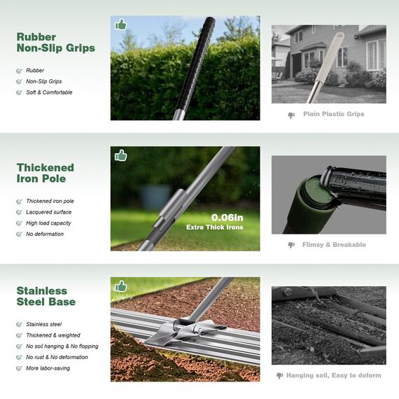 PLBBJH Rasen-Nivellierrechen, 50 x 25 cm, Rechen mit vollständig geschlossener Oberseite, strapazierfähiger Rasenausgleicher, kippt Nicht so leicht um, Dicke Stange und mattierter Feinkörnung